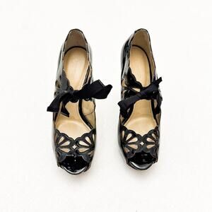 Joan & David Black Cicilee Patent Pumps Stiletto Lace Platform Shoes Size 7